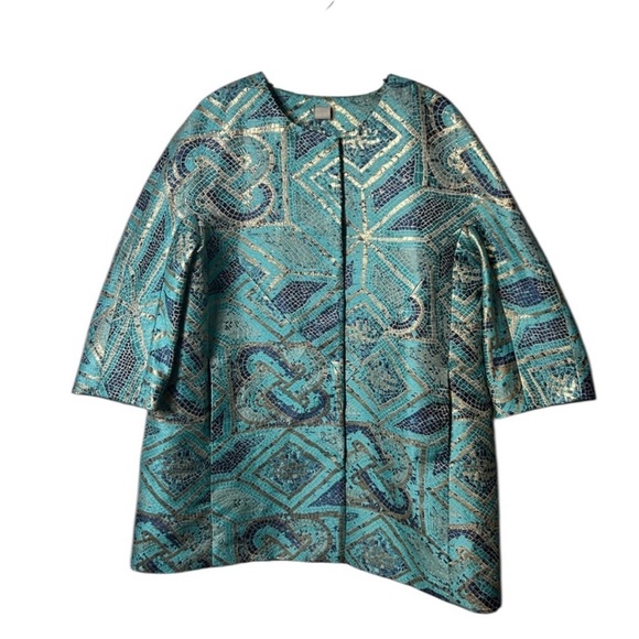 Chico’s teal blue gold mosaic print jacquard topper jacket blazer new nwt 2 L - Picture 4 of 6